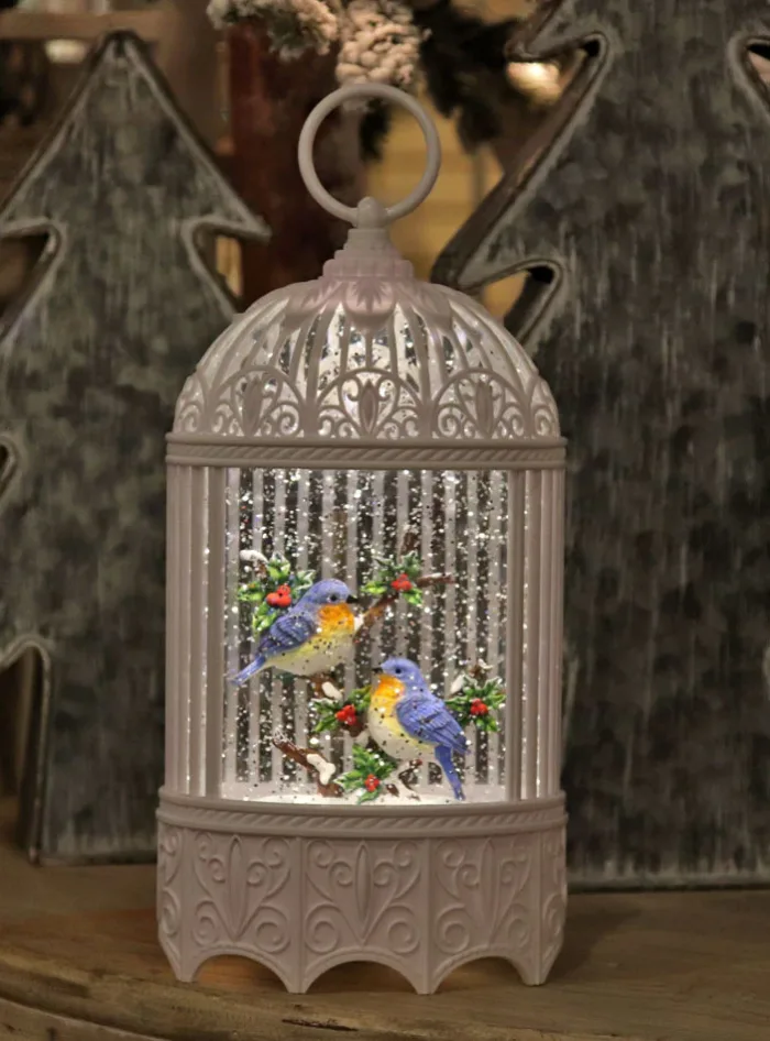 Birdcage With Bluebirds Lighted Water Lantern With Swirling Glitter