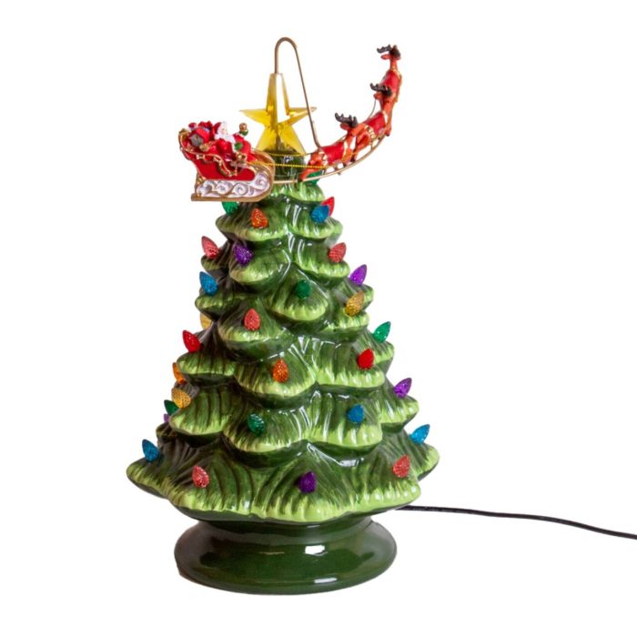 Gerson Ceramic Christmas Tree with Santa's Orbiting Reindeer Sleigh